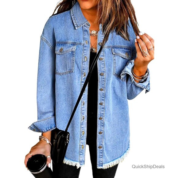 Oversized Denim Shacket with Frayed Hem Button Front Pockets